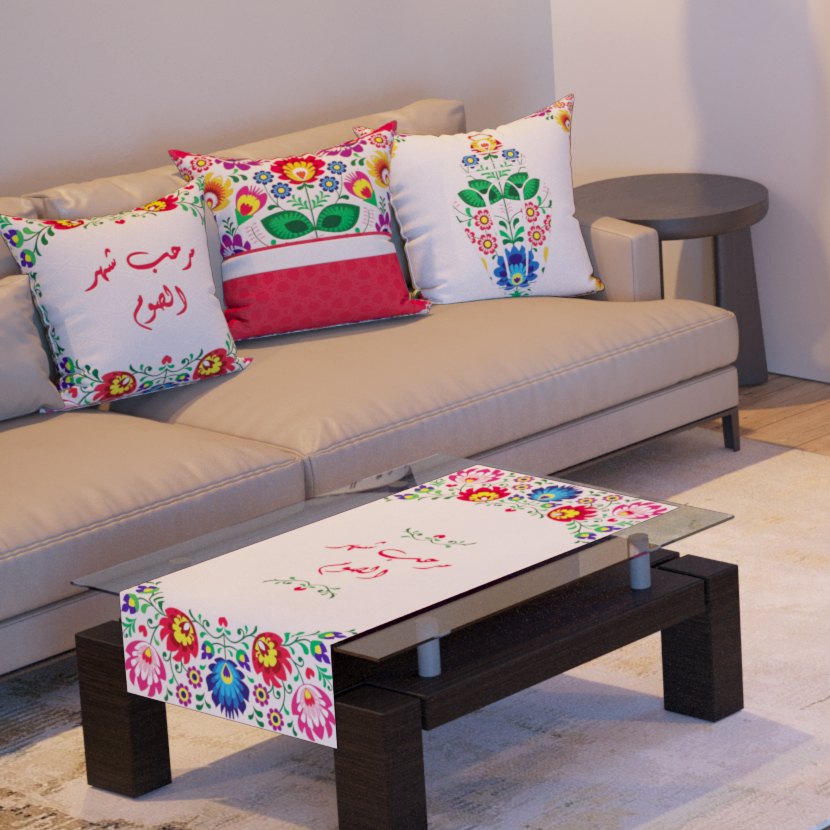 Festive Florals — the three cushions and the coffee-table runner