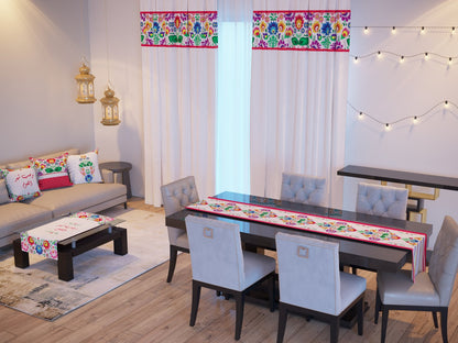 Festive Florals — the Ramadan set: curtains, cushions and runners in a living room — Karen Fabrics