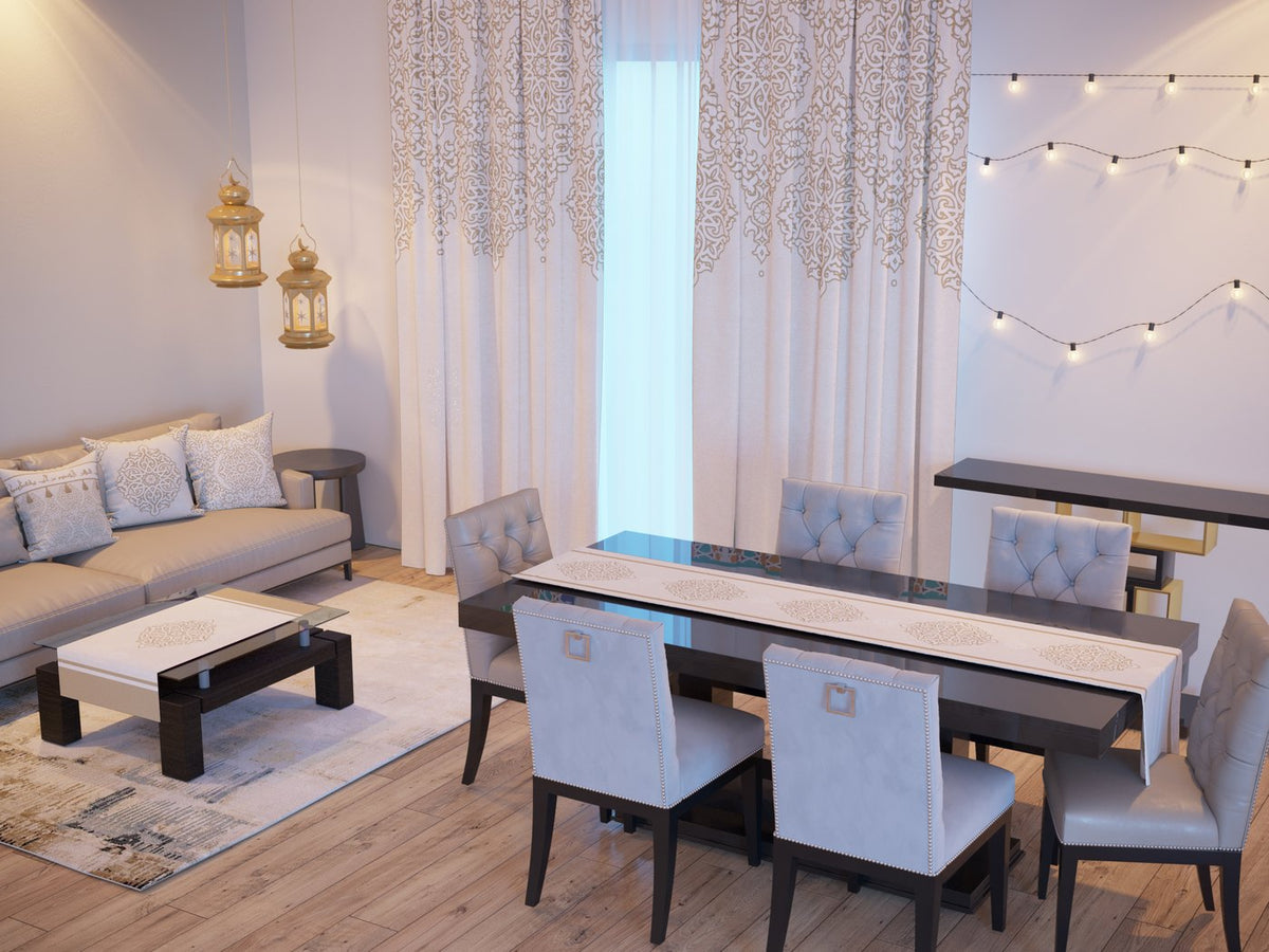 Ivory Arabesque — the Ramadan set: curtains, cushions and runners in a living room — Karen Fabrics