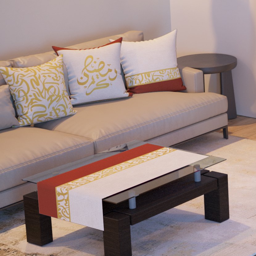 Golden Calligraphy — the three cushions and the coffee-table runner