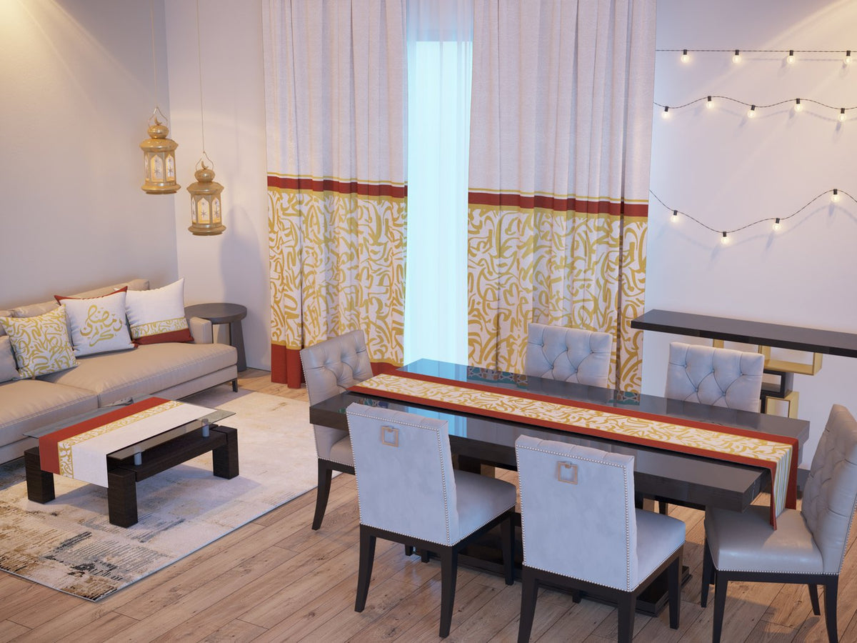 Golden Calligraphy — the Ramadan set: curtains, cushions and runners in a living room — Karen Fabrics