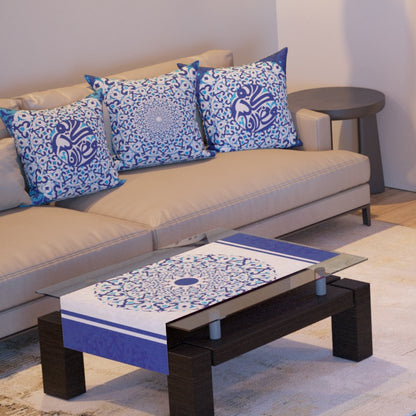 Cobalt Medallion — the three cushions and the coffee-table runner