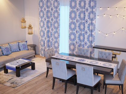 Cobalt Medallion — the Ramadan set: curtains, cushions and runners in a living room — Karen Fabrics