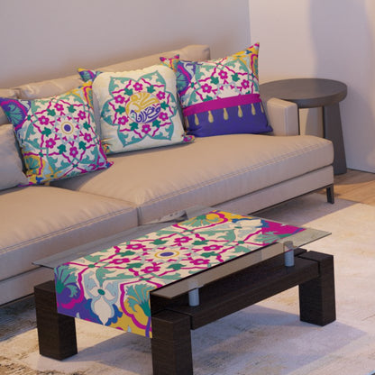 Teal & Magenta Tiles — the three cushions and the coffee-table runner