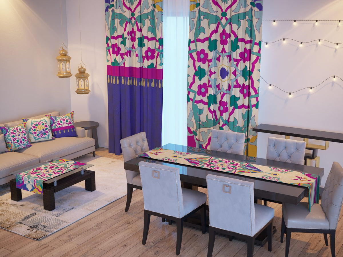 Teal & Magenta Tiles — the Ramadan set: curtains, cushions and runners in a living room — Karen Fabrics