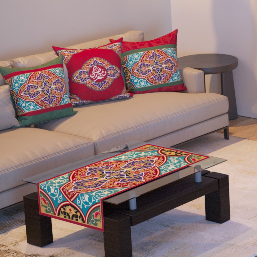 Crimson Iznik — the three cushions and the coffee-table runner