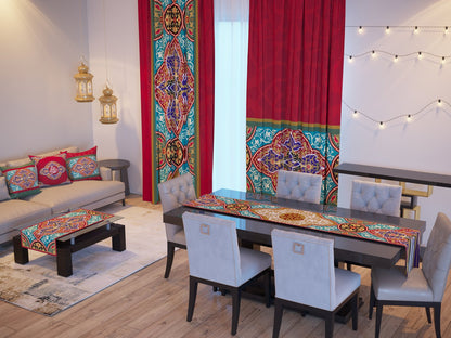 Crimson Iznik — the Ramadan set: curtains, cushions and runners in a living room — Karen Fabrics