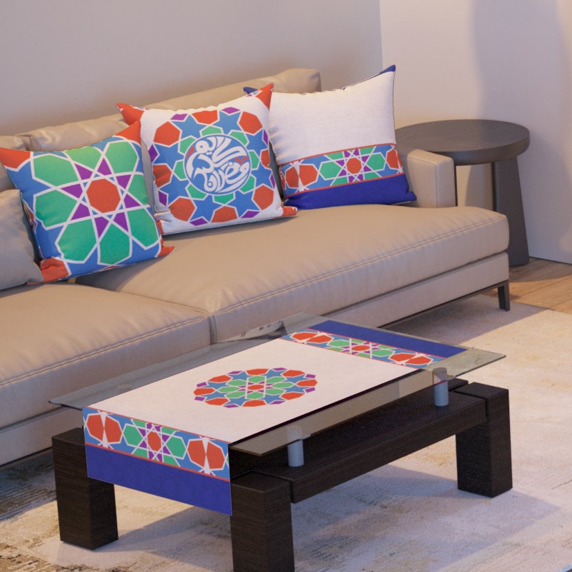 Rainbow Star — the three cushions and the coffee-table runner