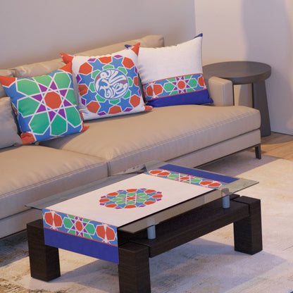 Rainbow Star — the three cushions and the coffee-table runner
