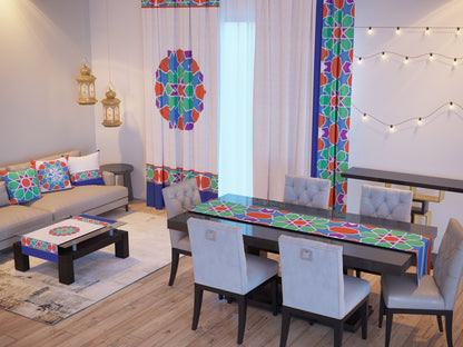 Rainbow Star — the Ramadan set: curtains, cushions and runners in a living room — Karen Fabrics
