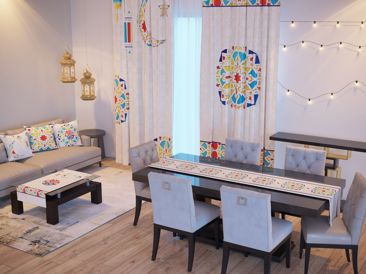 Festive Mandala — the Ramadan set: curtains, cushions and runners in a living room — Karen Fabrics