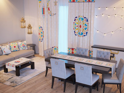 Festive Mandala — the Ramadan set: curtains, cushions and runners in a living room — Karen Fabrics