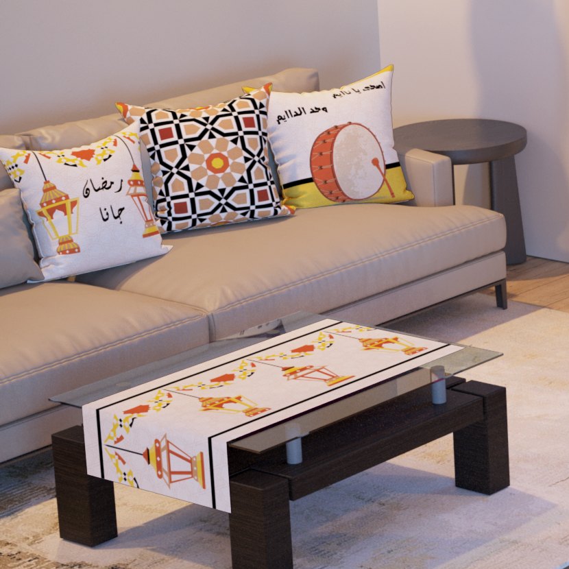 Mashrabiya Lattice — the three cushions and the coffee-table runner