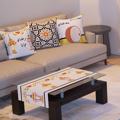 Mashrabiya Lattice — the three cushions and the coffee-table runner