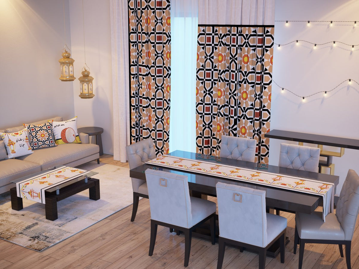 Mashrabiya Lattice — the Ramadan set: curtains, cushions and runners in a living room — Karen Fabrics