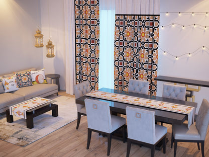 Mashrabiya Lattice — the Ramadan set: curtains, cushions and runners in a living room — Karen Fabrics