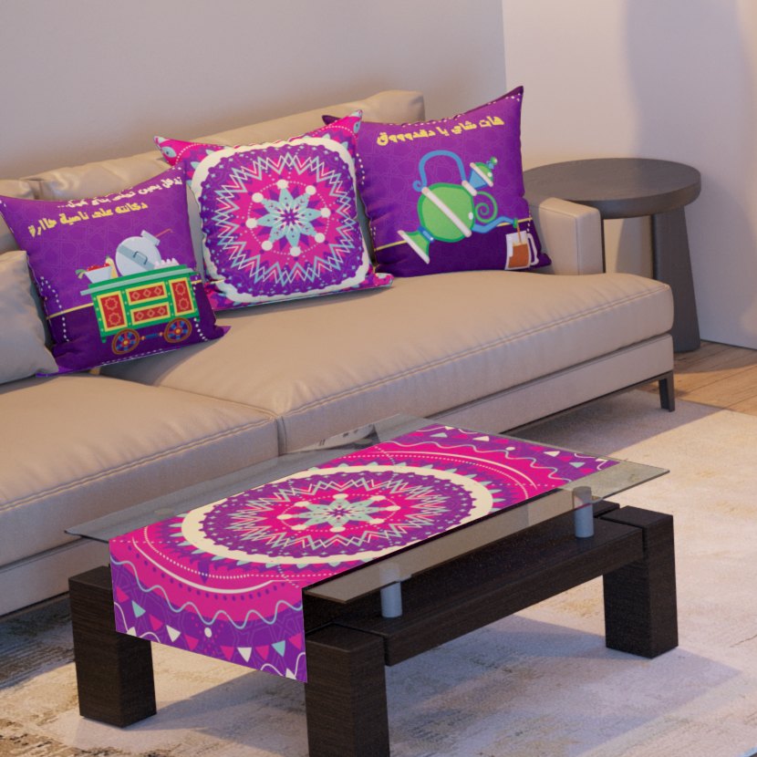 Purple Mandala Nights — the three cushions and the coffee-table runner