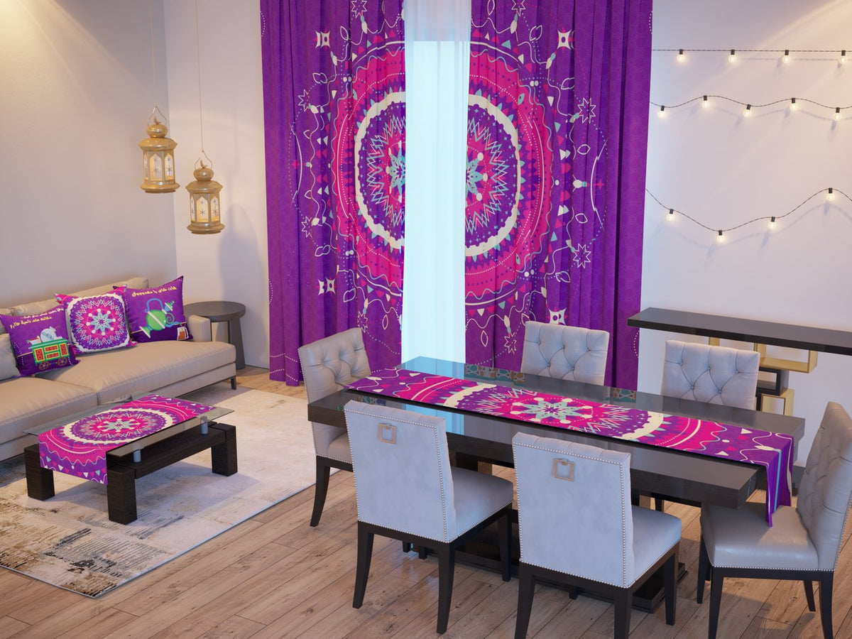 Purple Mandala Nights — the Ramadan set: curtains, cushions and runners in a living room — Karen Fabrics