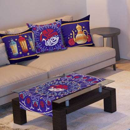 Royal Lanterns — the three cushions and the coffee-table runner
