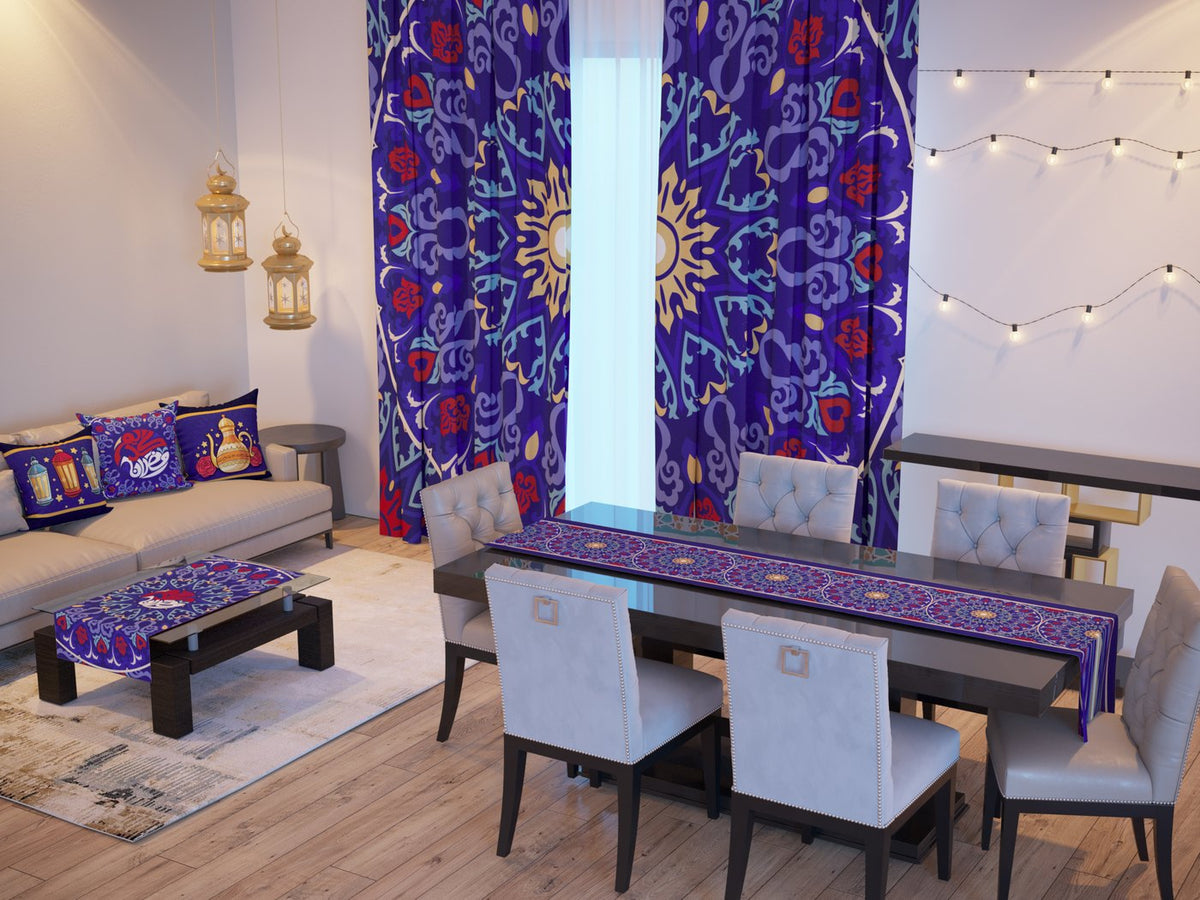 Royal Lanterns — the Ramadan set: curtains, cushions and runners in a living room — Karen Fabrics