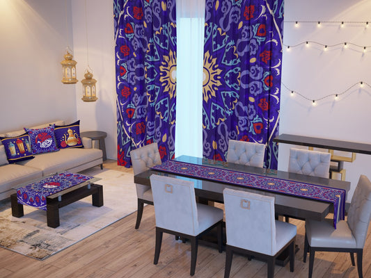 Royal Lanterns — the Ramadan set: curtains, cushions and runners in a living room — Karen Fabrics