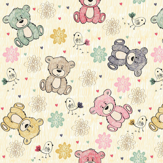 Teddy Bears Cream — the printed pattern, one repeat — Karen Fabrics