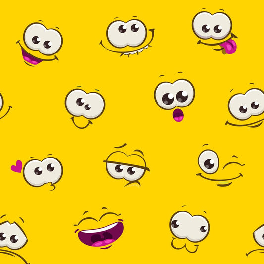 Funny Faces Yellow — the printed pattern, one repeat — Karen Fabrics
