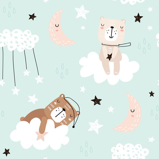 Dreaming Bears Mint — the printed pattern, one repeat — Karen Fabrics
