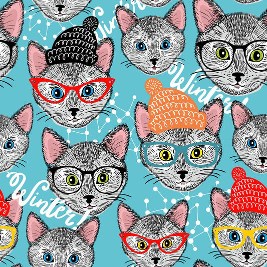 Winter Cats Blue — the printed pattern, one repeat — Karen Fabrics
