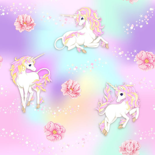 Rainbow Unicorns — the printed pattern, one repeat — Karen Fabrics