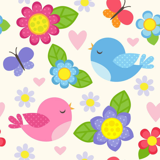 Birds and Blossoms — the printed pattern, one repeat — Karen Fabrics