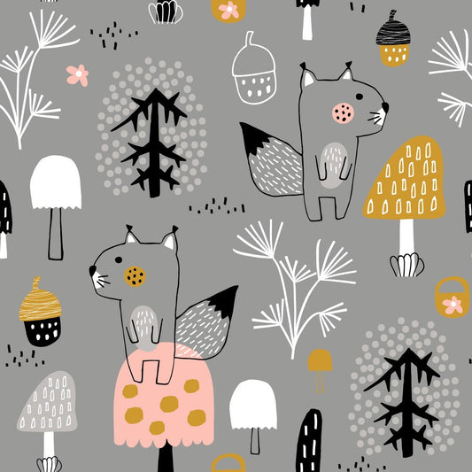 Forest Friends Grey — the printed pattern, one repeat — Karen Fabrics