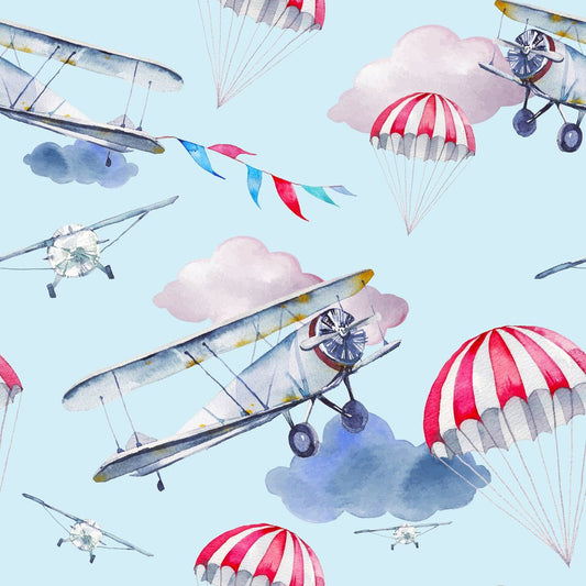 Little Aviators Blue — the printed pattern, one repeat — Karen Fabrics