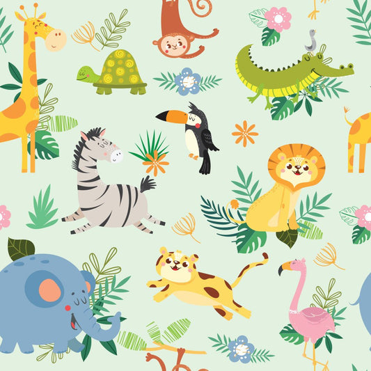 Jungle Babies Mint — the printed pattern, one repeat — Karen Fabrics