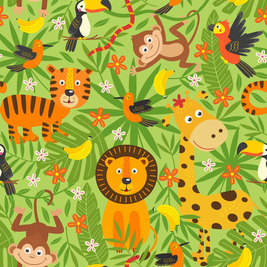 Jungle Parade Green — the printed pattern, one repeat — Karen Fabrics