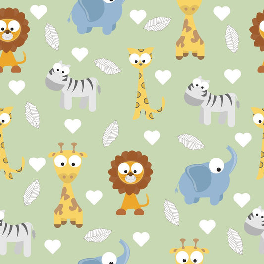 Safari Hearts Green — the printed pattern, one repeat — Karen Fabrics