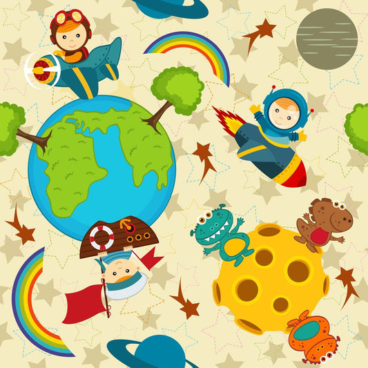 Space Explorers Beige — the printed pattern, one repeat — Karen Fabrics