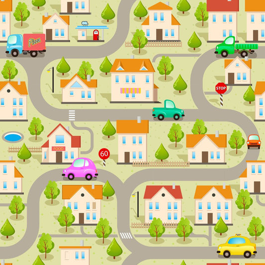 Busy Town — the printed pattern, one repeat — Karen Fabrics