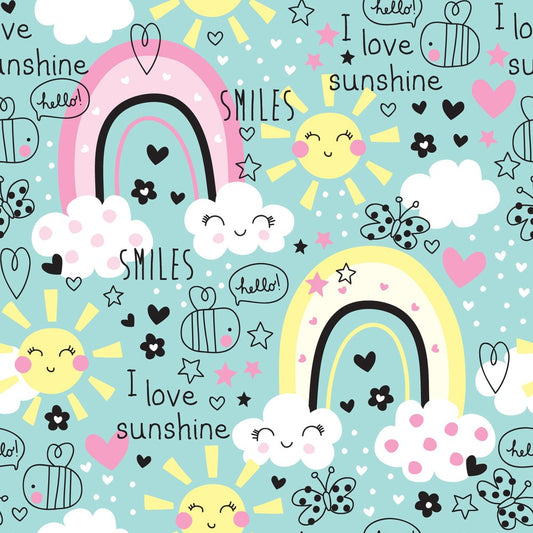 Sunshine Rainbows Mint — the printed pattern, one repeat — Karen Fabrics