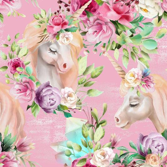 Floral Unicorn Pink — the printed pattern, one repeat — Karen Fabrics