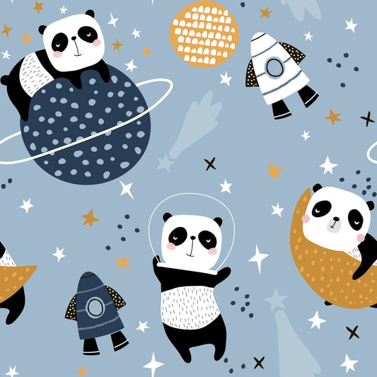 Panda Astronauts Blue — the printed pattern, one repeat — Karen Fabrics