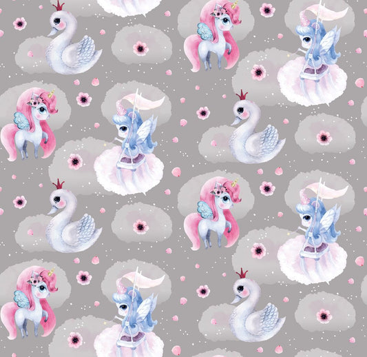 Enchanted Friends Grey — the printed pattern, one repeat — Karen Fabrics