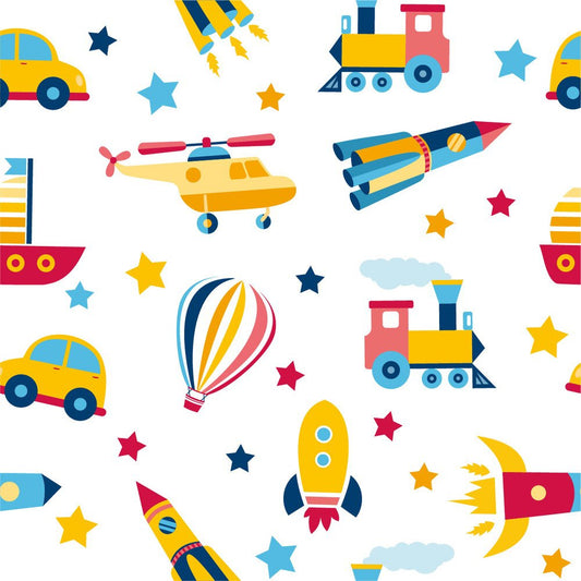 Little Vehicles White — the printed pattern, one repeat — Karen Fabrics
