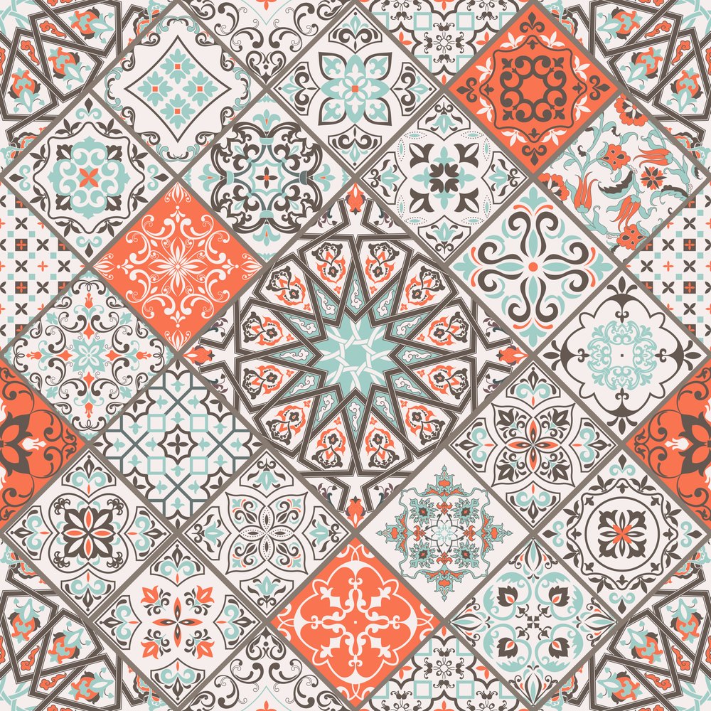 Lisbon Azulejo, colourway No. 2 — the printed pattern, one repeat — Karen Fabrics