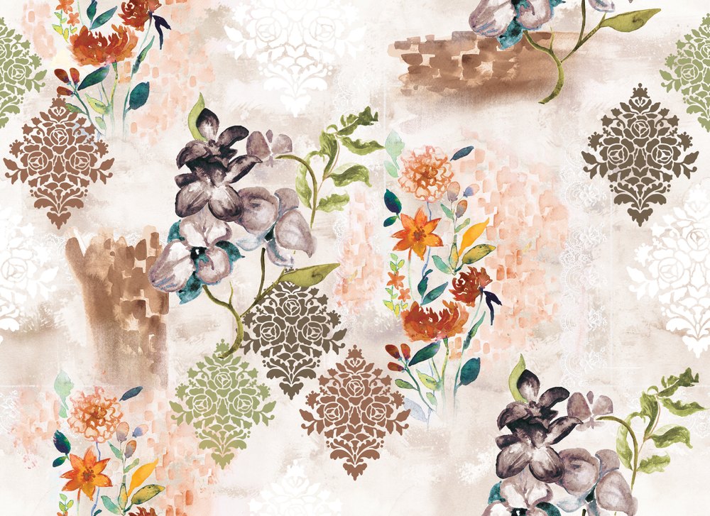 Damask Posy, colourway No. 1 — the printed pattern, one repeat — Karen Fabrics