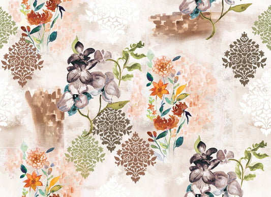 Damask Posy, colourway No. 1 — the printed pattern, one repeat — Karen Fabrics