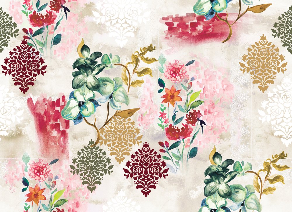 Damask Posy, colourway No. 2 — the printed pattern, one repeat — Karen Fabrics