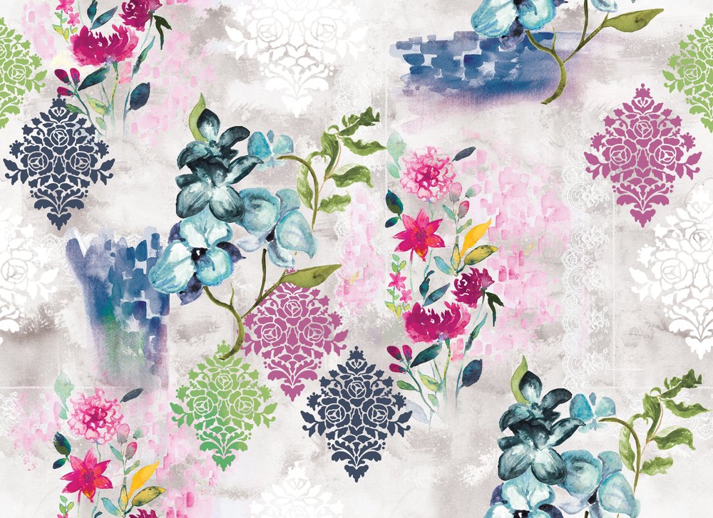 Damask Posy, colourway No. 3 — the printed pattern, one repeat — Karen Fabrics