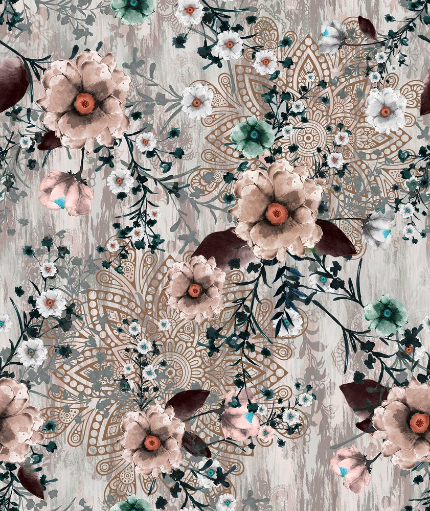 Blush Wildflower, colourway No. 1 — the printed pattern, one repeat — Karen Fabrics