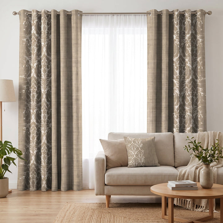 Beige baroque printed curtains dressing a wide window